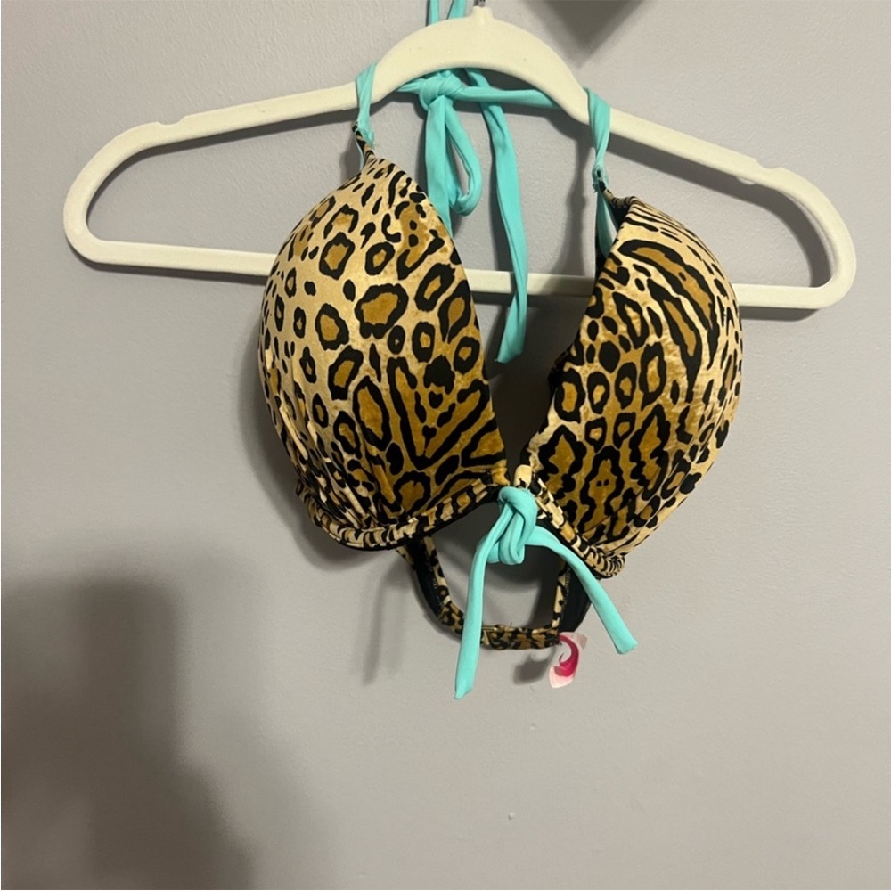 Leopard Print Bikini Top with Blue Straps